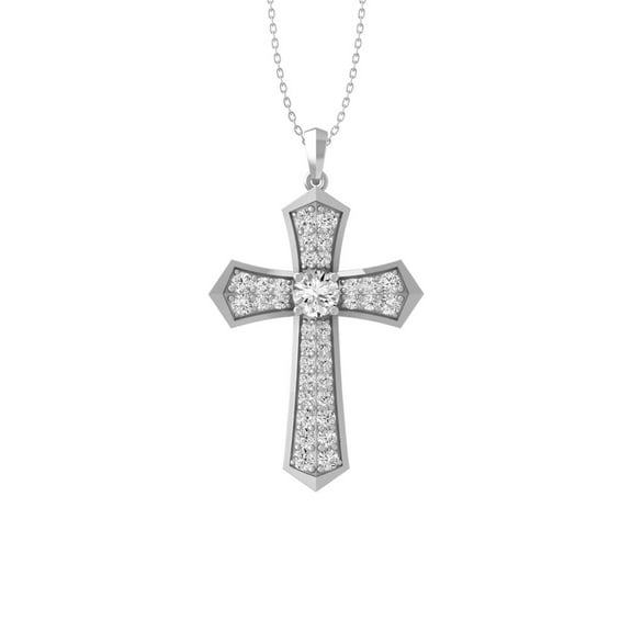 Araiya Fine Jewelry 10K White Gold Round Shape Lab Grown Diamond Solitaire Cross Pendant with Silver Plated Cable Chain Necklace for Women (1 cttw, D-F Color, VS Clarity) 22"