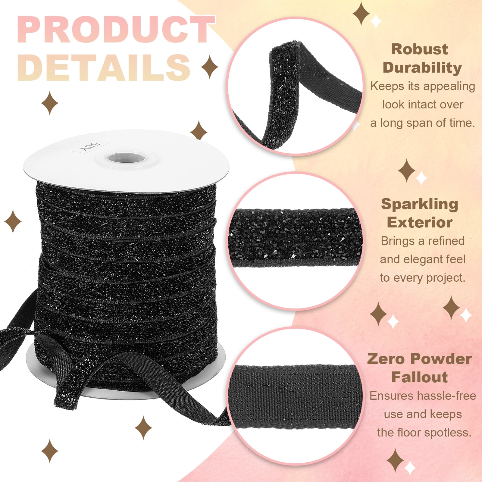 Uxcell Glitter Velvet Ribbon, Sparkly Fabric Metallic Ribbons Gift Wrapping Roll for Crafts Hair Bow Wreaths Decoration Black