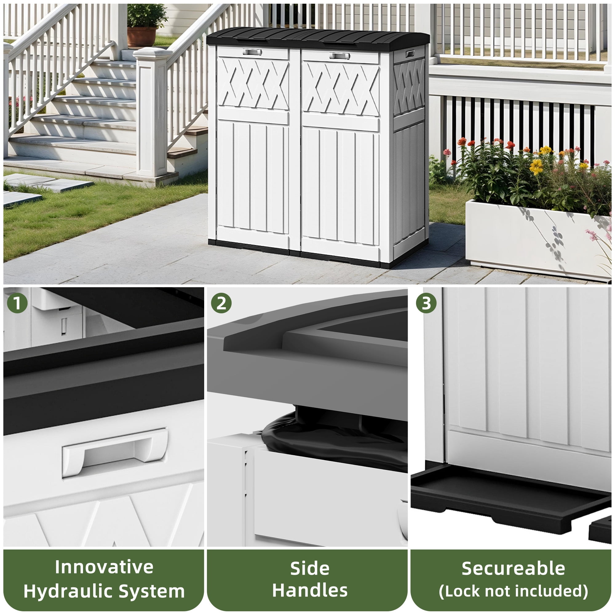Uforic 62 Gallon Dual Compartment Resin Outdoor Trash Can with Layered Lid & Drip Tray, Waterproof Garbage Bin for Patio Backyard Deck, Black & White