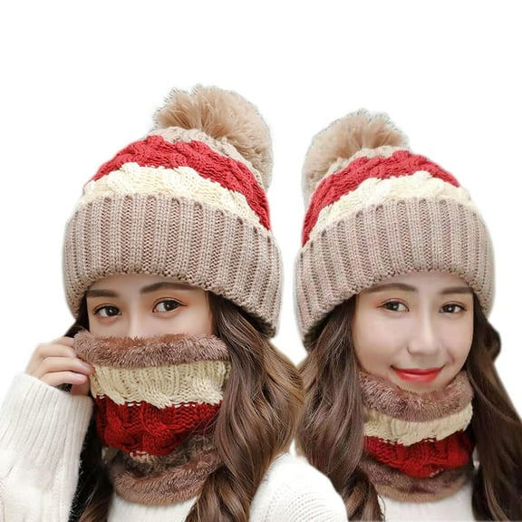 Winter Fashion Warm Elastic Soft Ear Protection Knitted Scarf Hat Fleece Lined Beanie Hat