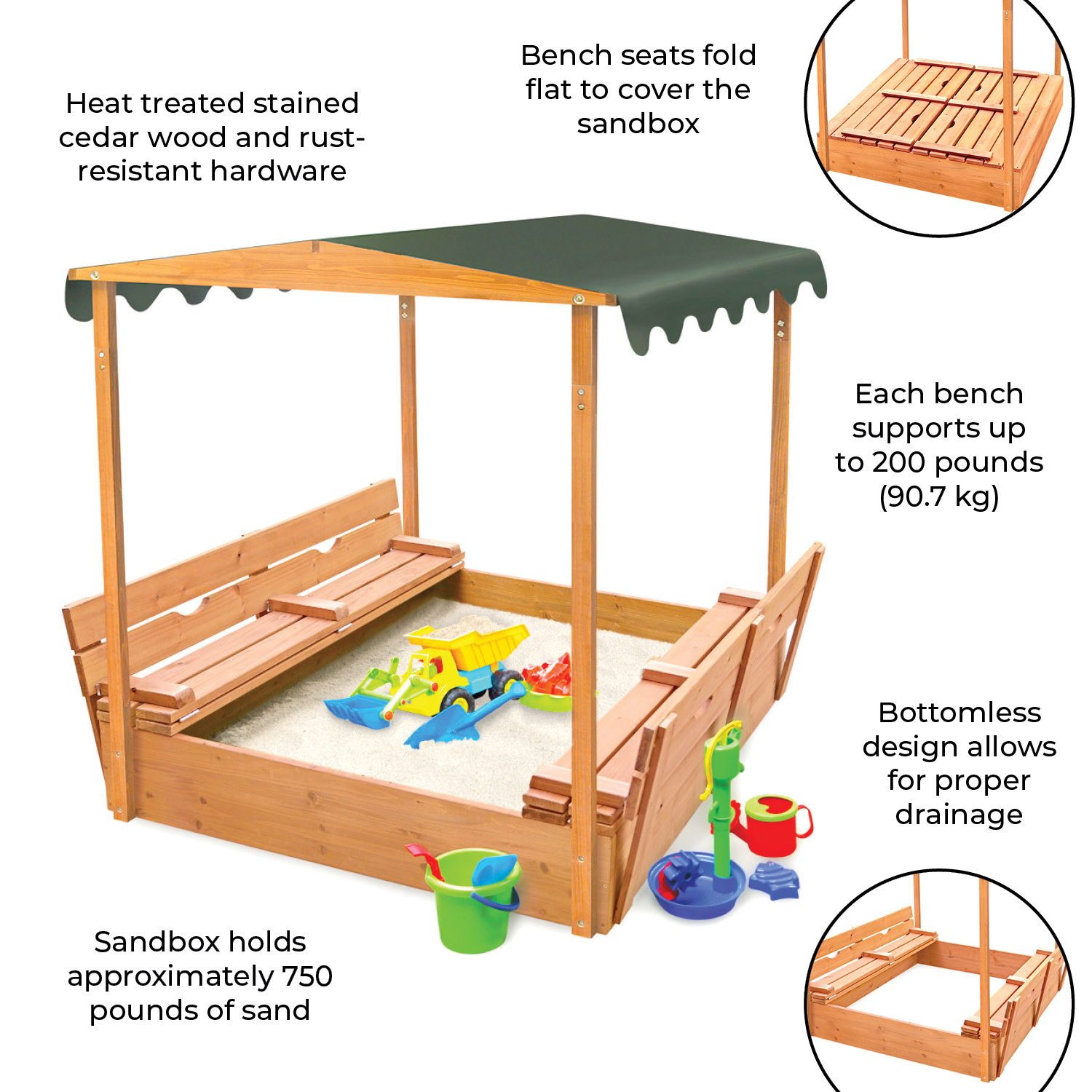 Badger Basket Covered Convertible Cedar Sandbox with Canopy and Two Bench Seats - image 4 of 9
