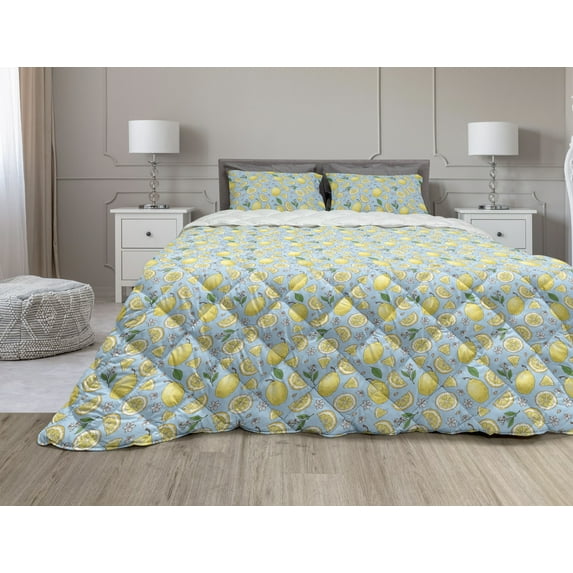 Lemons Comforter & Sham Bedding Set, Colorful Citrus Floral Leaves Blossoms Pattern, 3 pcs Duvet Set Microfiber Filling Quilt, 5 Sizes, Pale Blue Pale Yellow, by Ambesonne