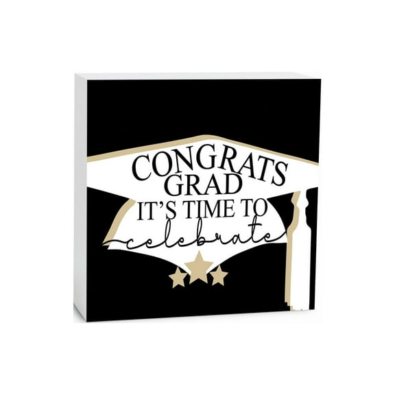Congrats Grad Celebrate White Cap Stars 5 x 5 Wood Tabletop Sign Plaque