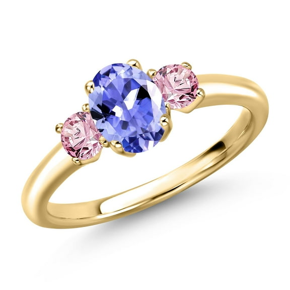 Gem Stone King 10K Yellow Gold Blue Tanzanite and Pink Lab Grown Diamond Engagement Ring for Women | 1.11 Cttw | Oval 7X5MM | Gemstone December Birthstone | Size 8