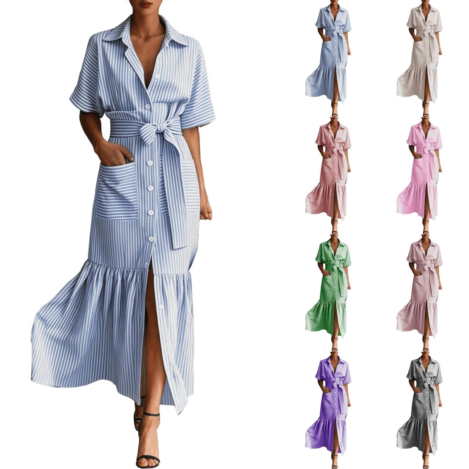 Jane Wardrobe Women's Casual Striped Short Sleeve Shirt Dress Loose Fit Midi Length Ruffled Hem Belted Waist With Pockets For Daily Brunch 1 Pc Sizes S M L XL XXL Pink Purple Blue Black Green Khaki