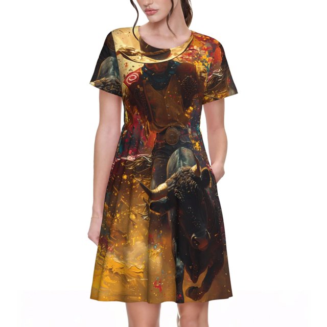 Easygdp Colorful Bull Western Man para Vestido Transpirable de Mujer, Vestido Suelto de Manga Corta con Pliegues y Bolsillos para el Verano
