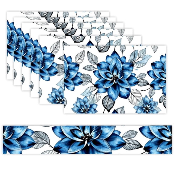 7 Piece Linen Table Runner and Placemats Set, Blue Floral Pattern Round Corner Heat Resistant Washable Table Mats for Home Kitchen Dining Party Decoration