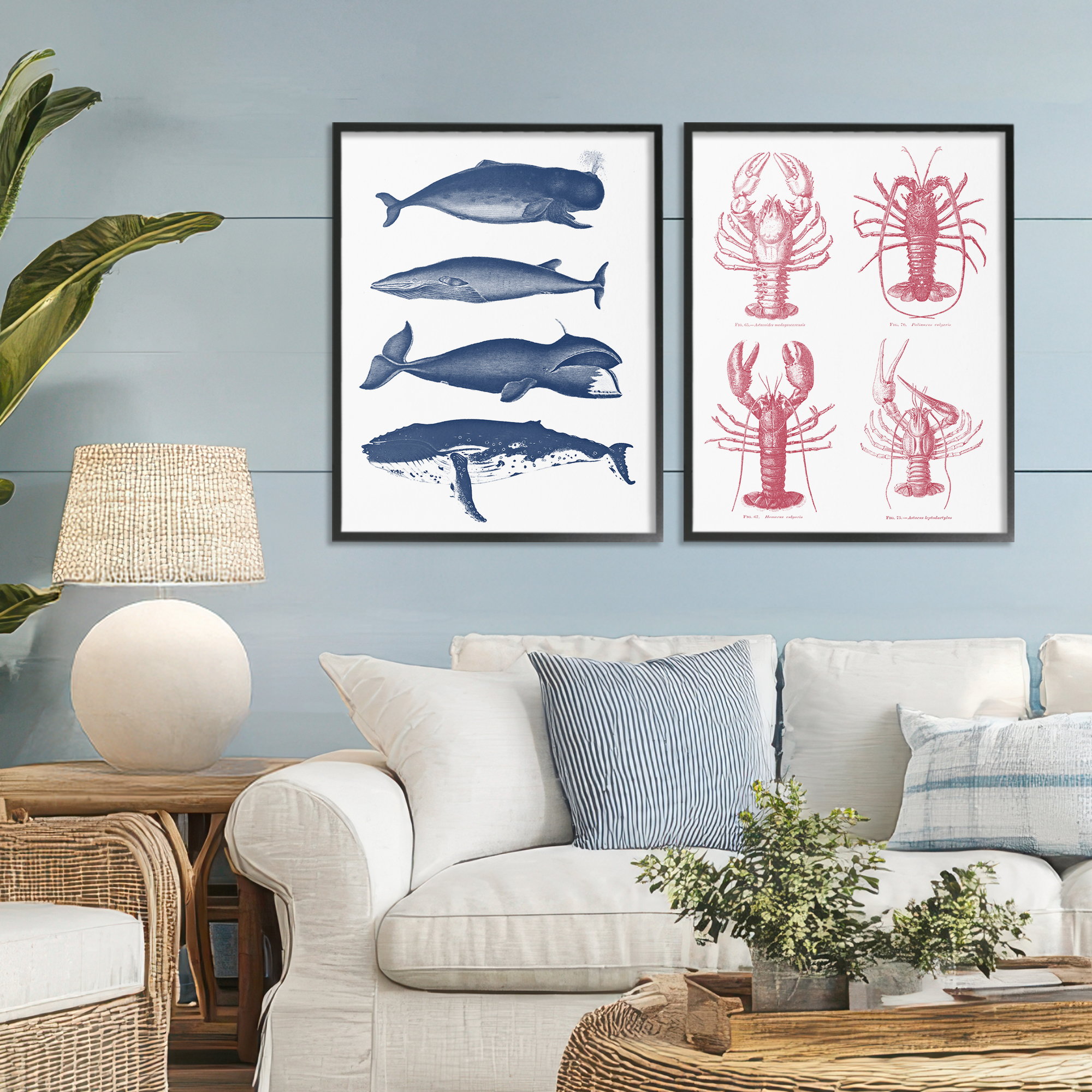 Marine Whales & Lobsters 2 Piece Black Framed Giclee Art Set, design by Lettered and Lined