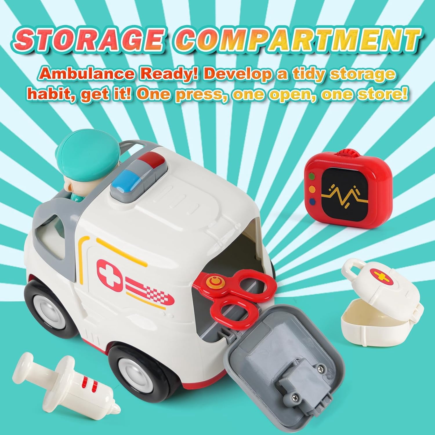 HYPERLIVING Remote Control Car for Kids - Cartoon RC Ambulance Toy for Toddlers 18+ Months, Ages 2 3 4 5 Years Old, Birthday Gifts for Boys with Lights & Sounds & Music