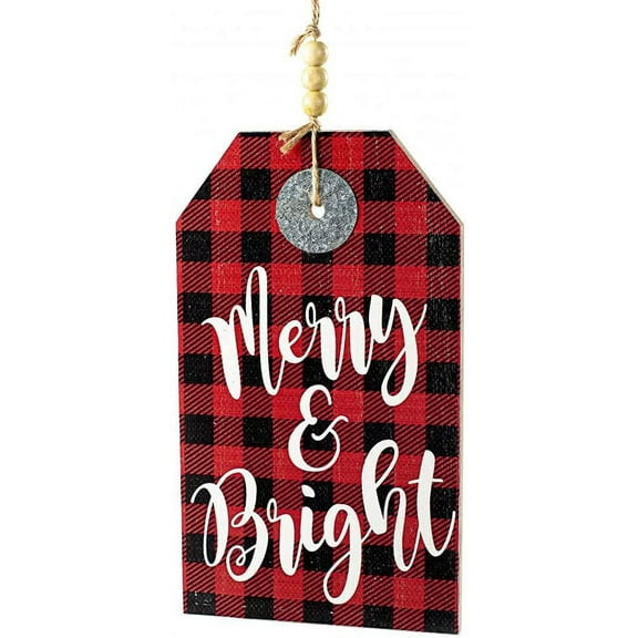 Merry & Bright Plaid Christmas Sign - 12" x 7", Red & Black Buffalo Plaid, Christmas Tag Sign, Home Decor, Wreath