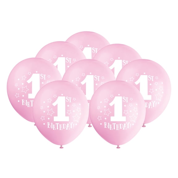 Unique Industries Latex 16" Pink Graphic Prints Stars Girl 1st Birthday Balloons, 8 Count