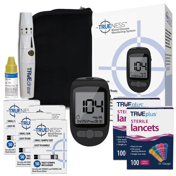 TRUENESS Blood Glucose Meter Kit, 200 Test Strips, 200 Lancets, Lancing Device, Control Solution
