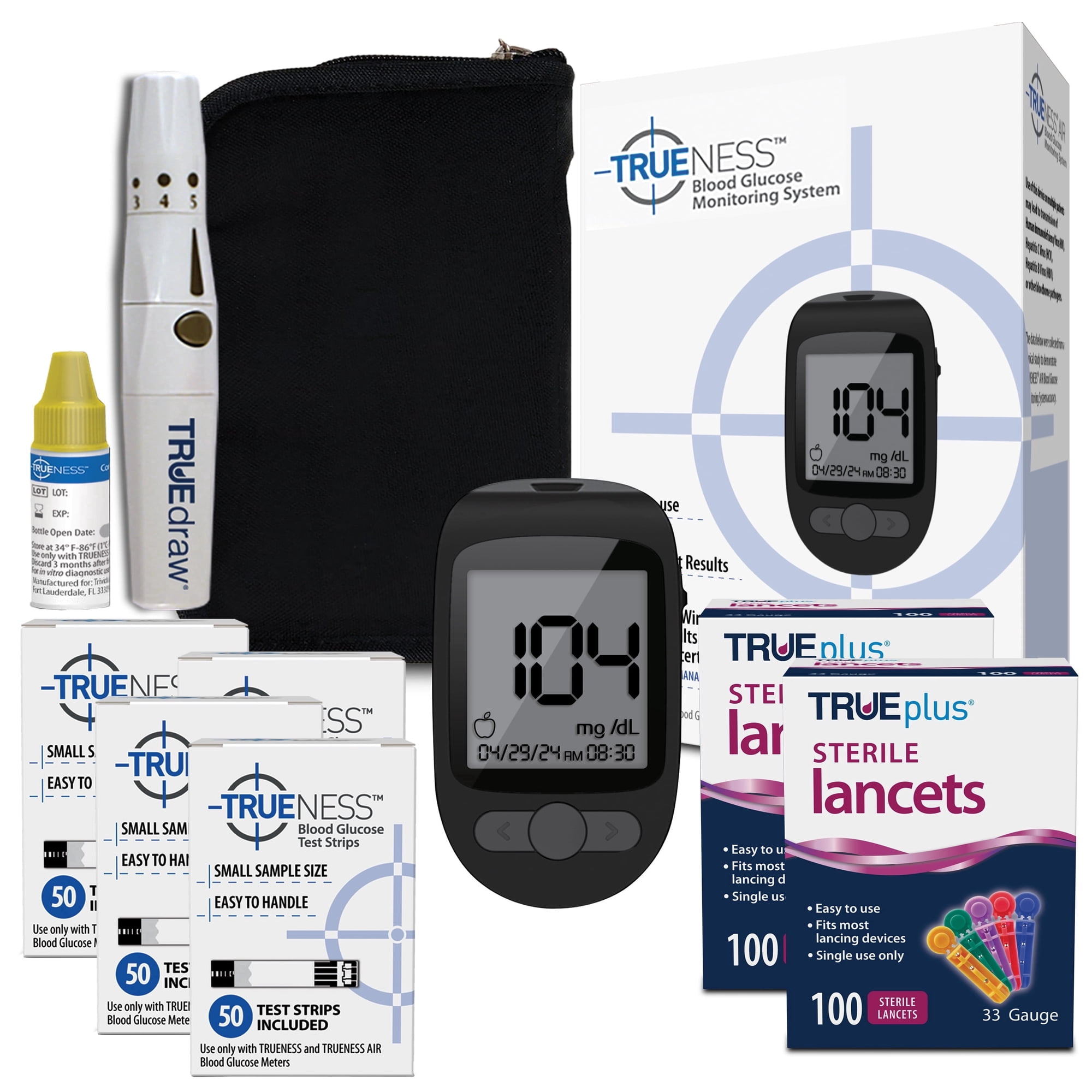 TRUENESS Blood Glucose Meter Kit, 200 Test Strips, 200 Lancets, Lancing Device, Control Solution