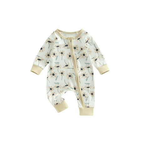 

Meihuida Infant Baby Jumpsuit Cartoon Cow Head/Sunflower Print Long Sleeve Round Neck Zipper Romper