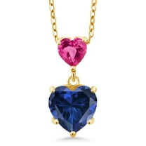 Gem Stone King 18K Yellow Gold Plated Silver Blue and Pink Created Sapphire Double Heart Pendant Necklace for Women (1.60 Cttw, Heart 8MM and 5MM, with 18 inch Silver Chain)