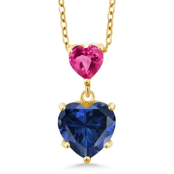 Gem Stone King 18K Yellow Gold Plated Silver Blue and Pink Created Sapphire Double Heart Pendant Necklace for Women (1.60 Cttw, Heart 8MM and 5MM, with 18 inch Silver Chain)