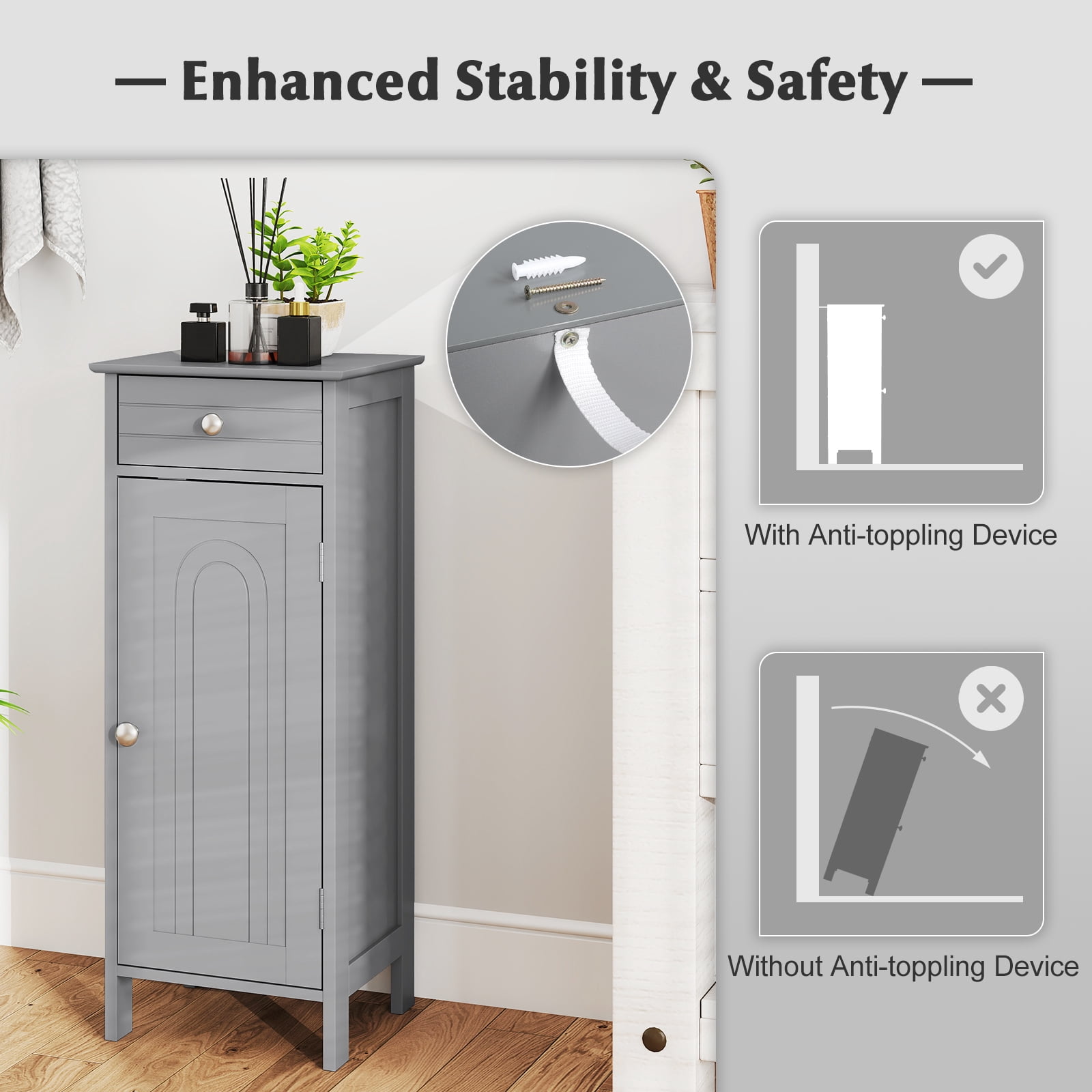 Giantex Floor Storage Cabinet, Multifunctional Freestanding Bathroom Storage Cabinet with Two Adjust Shelves, Ideal for Bathroom, Living Room or Bedroom (Grey)