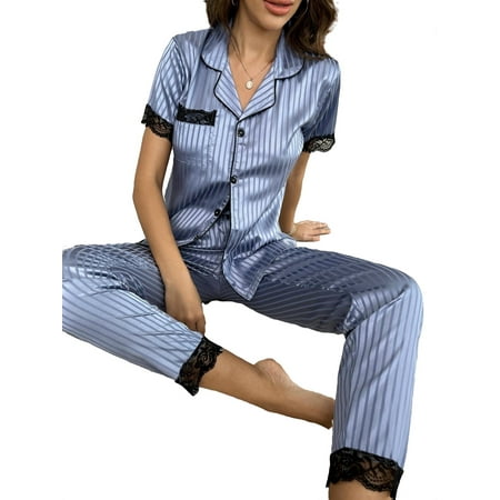

Elegant Striped Lapel Pant Sets Short Sleeve Blue Womens Pajama Sets (Women s)