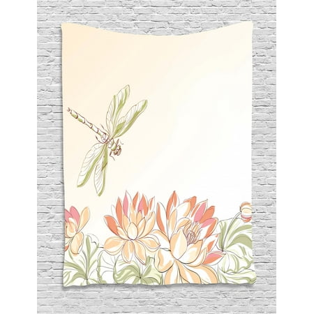 Dragonfly Tapestry, Lotus Flower Field with Dragonfly Flying Oriental Blooms Artful Print, Wall Hanging for Bedroom Living Room Dorm Decor, Cream Peach Coral, by (Best Of Flying Lotus)