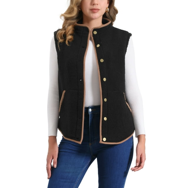 Chaleco de forro polar para mujer INSPIRE CHIC con bolsillos, sin mangas, abotonado, moda de otoño e invierno 2024, chaleco suave M negro