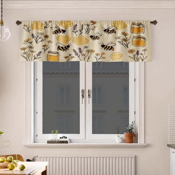 AshasdS Bee Honeycomb Window Valance Polyester Rod Pocket Farmhouse Botanical Curtain Valance for Kitchen Dining Room Living Room