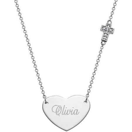 Personalized Diamond Accent Sterling Silver Engraved Heart with Cross Necklace, 16" Chain with 2" Extender