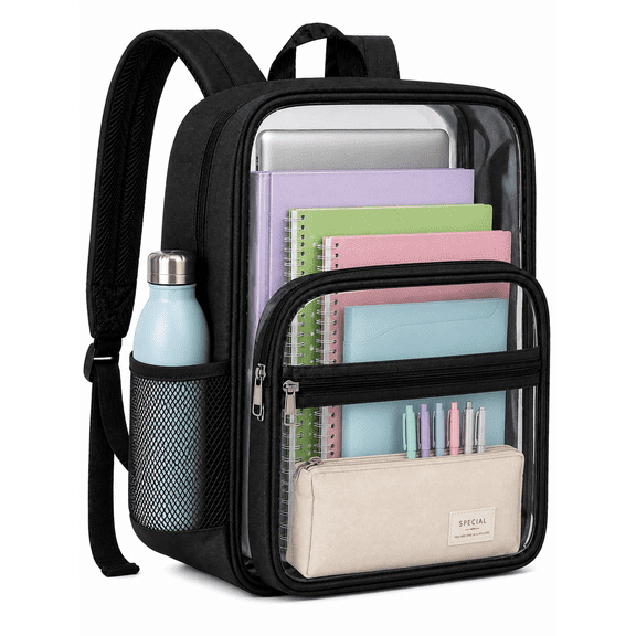 Lomyolo Clear Backpack for School, Transparent Bookbag with Reinforced Straps & 400D Oxford Fabric, Large Capacity Heavy Duty Clear Backpack for Travel, Security, Work, College, Men & Women- Black