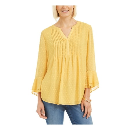 CHARTER CLUB Womens Gold Textured Bell Sleeve With Buttons Top Petites PS
