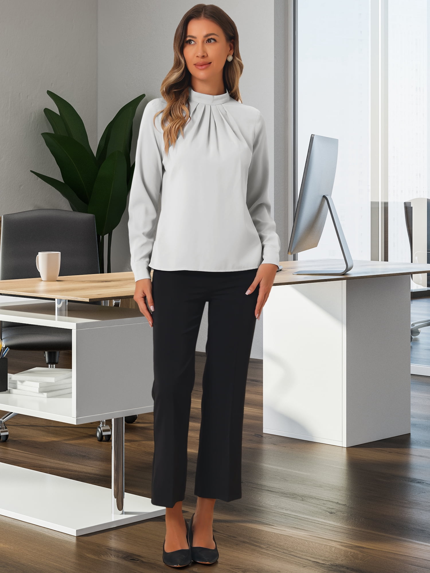 DARING DIVA Women's Tops Stand Collar Long Sleeve Business Shirt S Gray