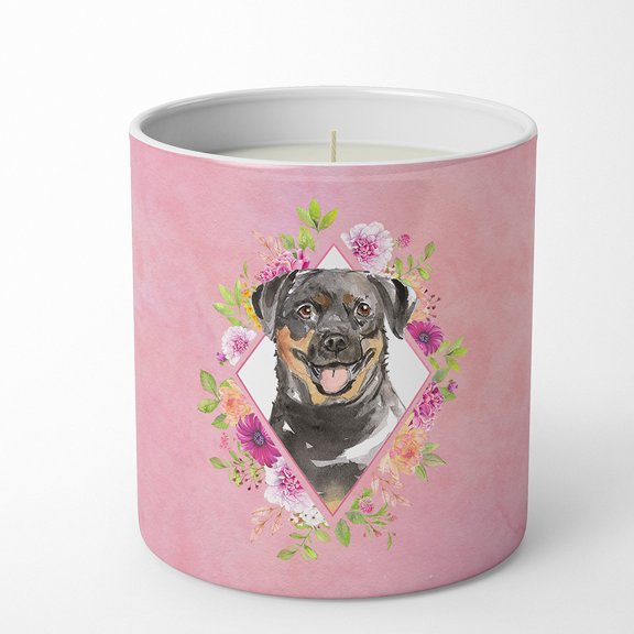 Carolines Treasures CK4217CDL Rottweiler Soy Candle 10 oz Decorative Gift Scented Soy Candles for Home Pink Flowers 10