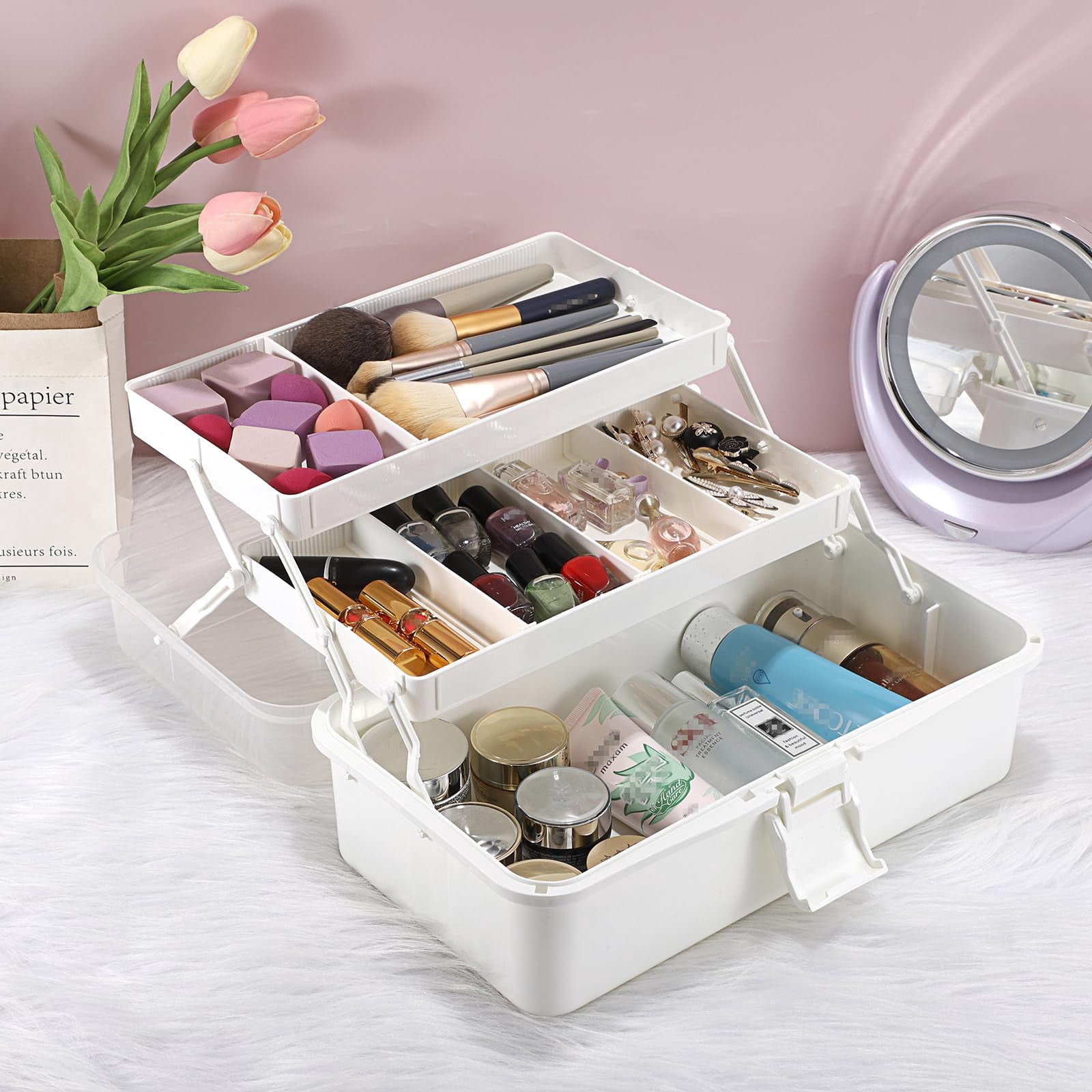 3-layer Plastic Dividing Storage Box Craft Organizer With Adjustable Spacers Portable Handled Art Supply Multipurpose Home Utility For Sewing (beige White)