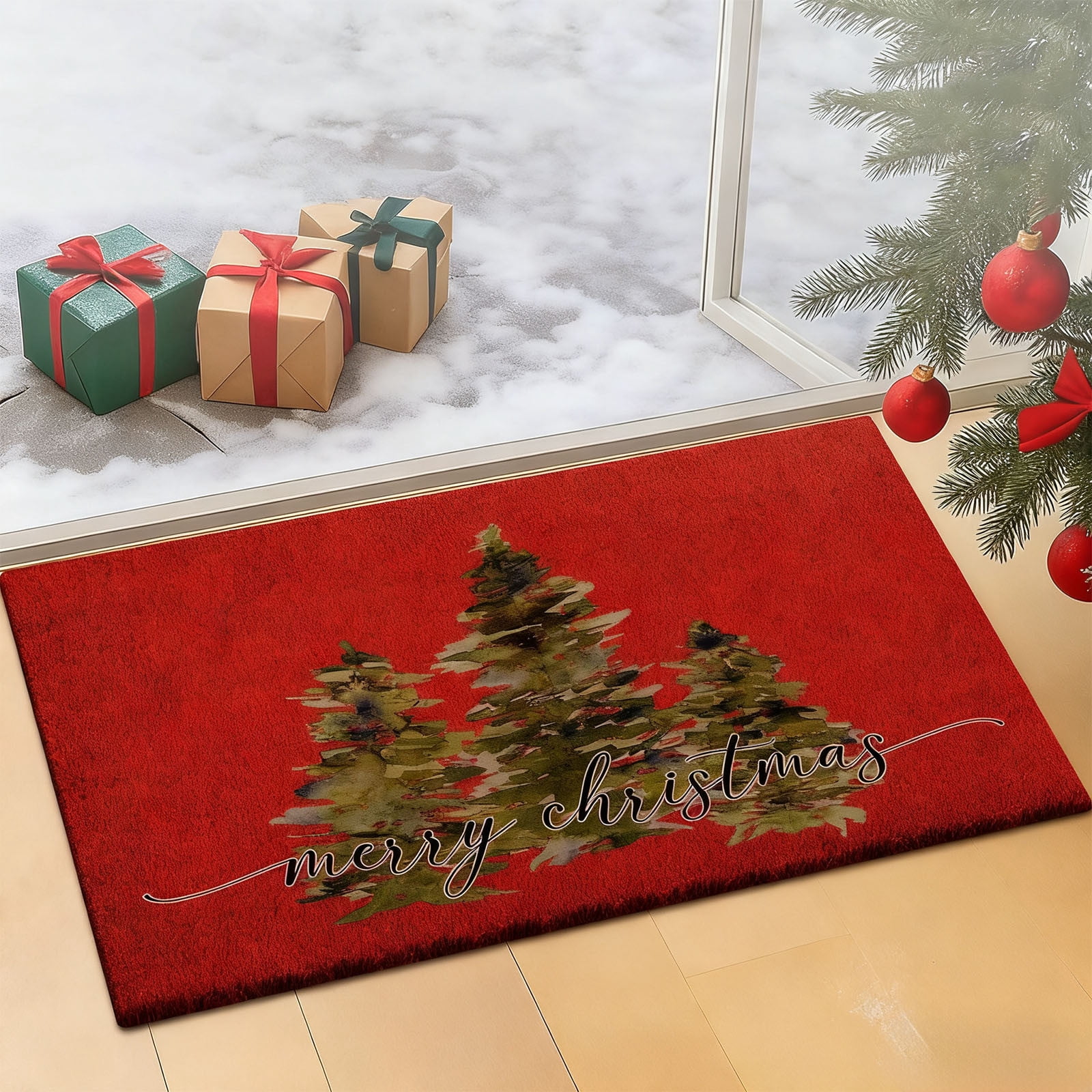 Christmas Welcome Natural Coir Door Mat, Forest Christmas Tree Front Door Outdoor Doormat Outside Entrance Porch Non Slip Rubber Rug Winter Xmas Farmhouse Decor 24*35in M-C