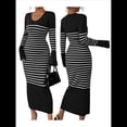 thumbnail image 3 of Vestido de Suéter A Rayas con Cuello en V para Mujer, Larga, Ajustado, Midi. Negro M, 3 of 7