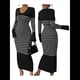 thumbnail image 3 of Vestido de Suéter A Rayas con Cuello en V para Mujer, Larga, Ajustado, Midi. Negro L, 3 of 7