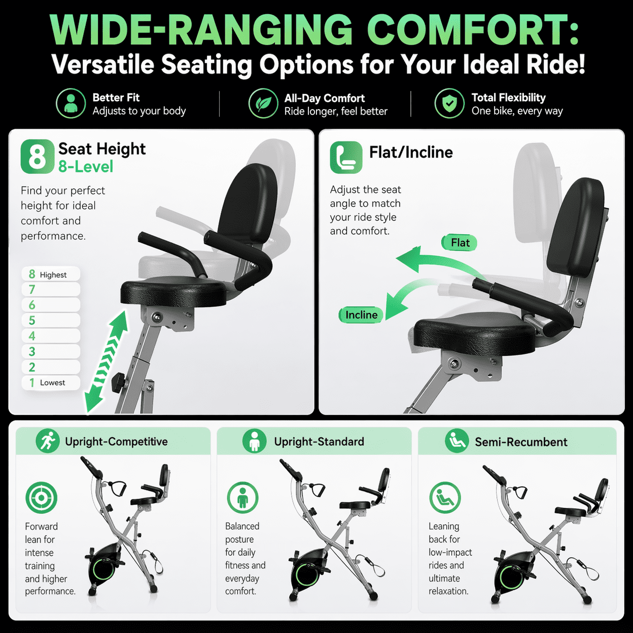 USLIM 5-in-1 Foldable Exercise Bike for Small Apartments, Stationary Bikes with 16-Level Magnetic Resistance, Arm Bands, 300 lbs Capacity