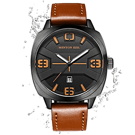 Quartz Ships - Large Mens Quartz Watch-Stylish Brown Leather Strap-Waterproof-Analog-Free Ship