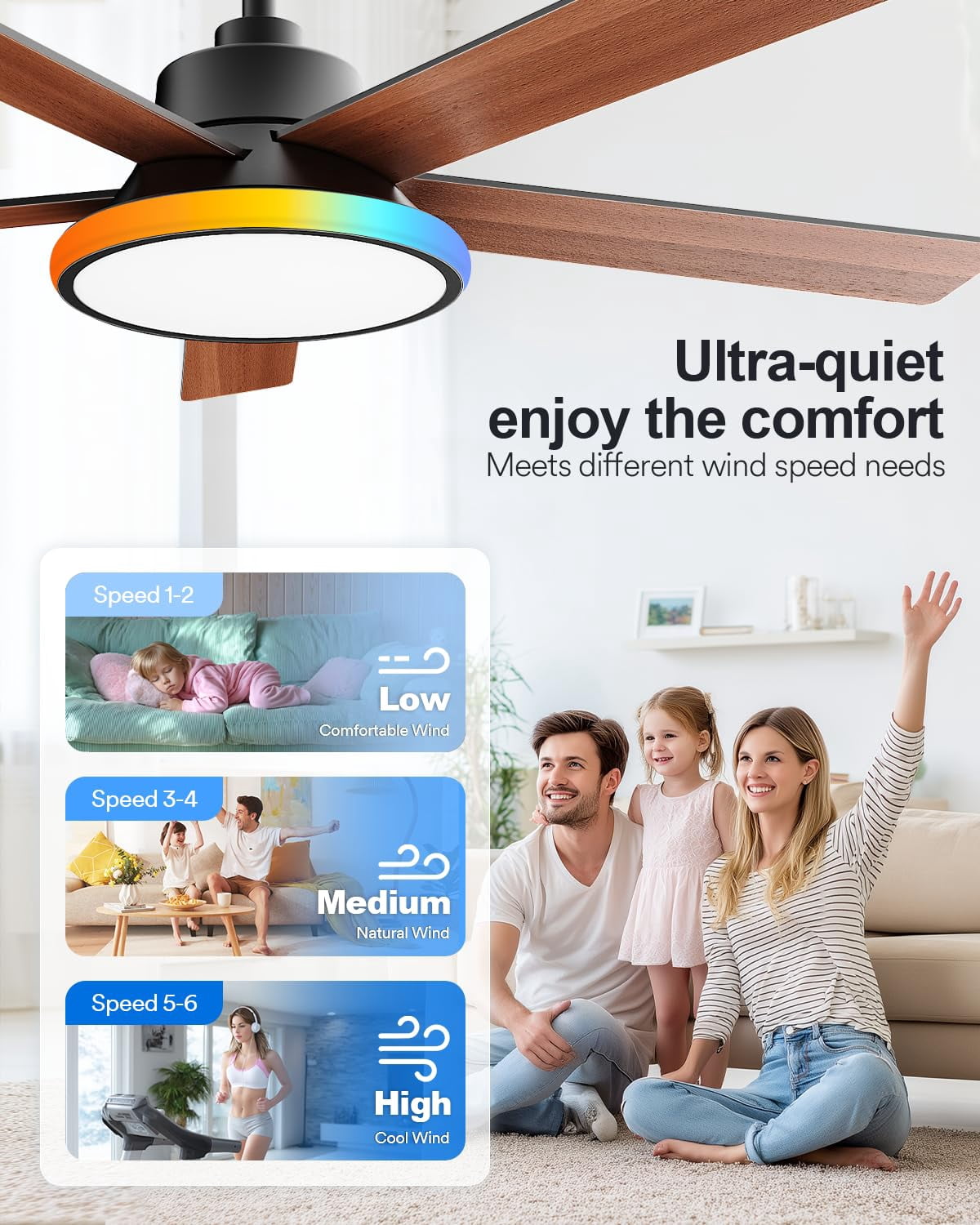 Lumary 52 Inch Smart Ceiling Fan with RGBAI Lights Remote Low Profile Ceiling Fan App Voice Control Dimmable & Color Tuning Modern Flush Mount