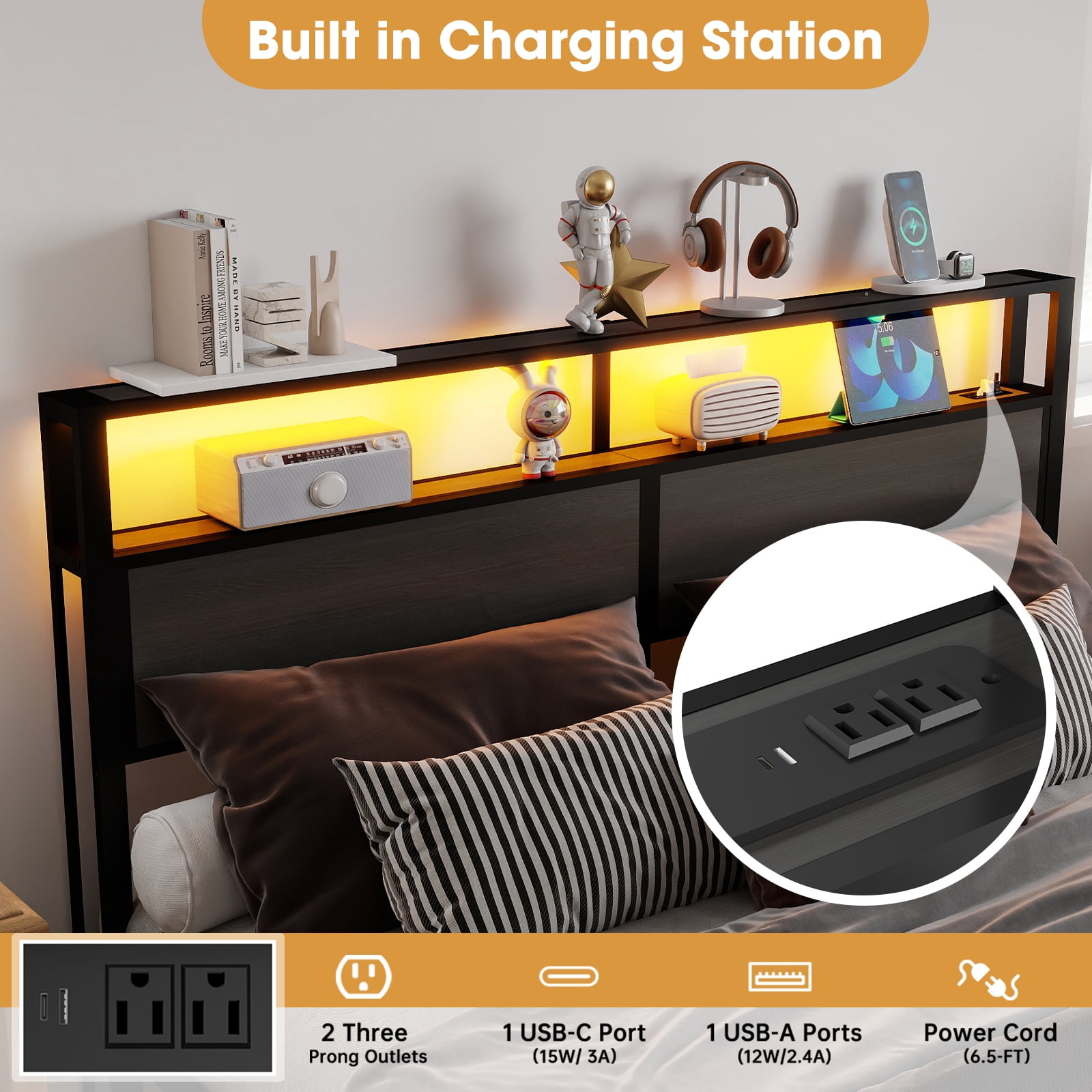 Leumius King Size Bed Frame with Headboard, Platform Bed with RGB LED Light & Charging Station & Under Bed Storage Space, Easy Assembly,Dark Gray