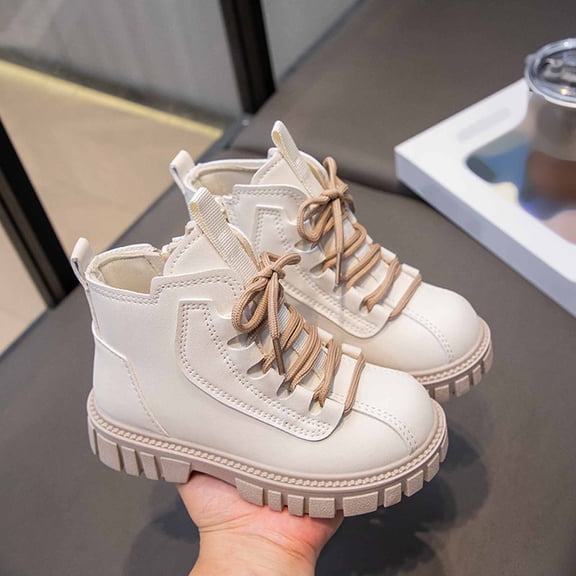 Ticikt Girls British‑Style Lace‑Up Ankle Boots, Fashion Versatile Thick Sole Short Booties for Autumn Winter,White