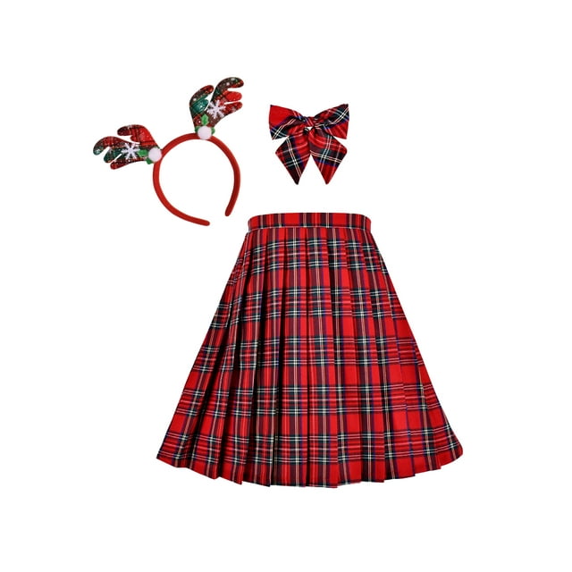 Robe Fille Bandeau Renne de Noël Jupe à Carreaux Rouges Nœud Papillon 7-8 Ans