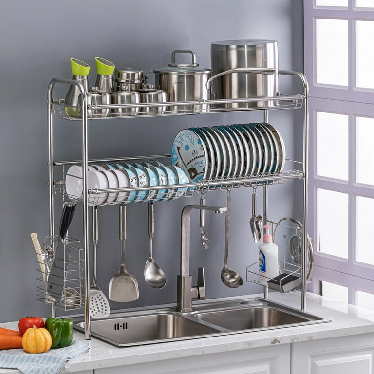 2 Tier Stainless Steel Dish Rack Rustproof Durable Above Kitchen