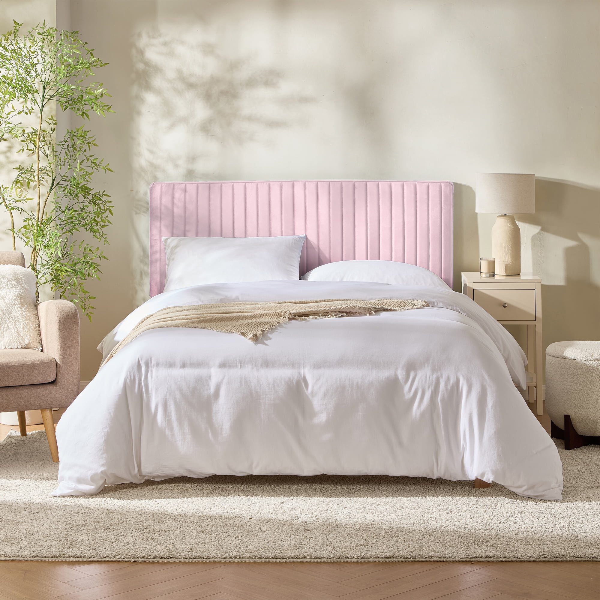 Virtu Queen Headboard No Tools Required Peel and Stick Upholstered Velvet Bed Headboard Only, Blush
