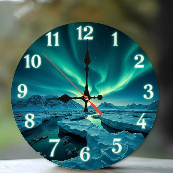 Aurora Borealis Clock Arctic Landscape Wall Clock 10-Inch Silent Wooden Wall Clock, Battery Operated (AA Batteries Not Included), Artistic Home Decor