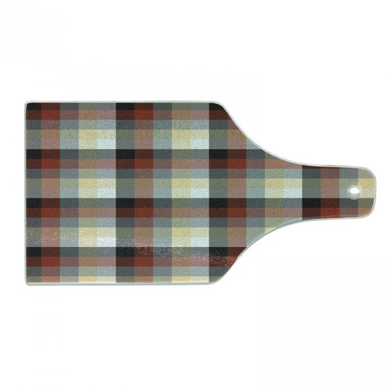 Plaid Cutting Board, Checkered Squares Pattern with Colorful Quilt Design Abstract Geometric Arrangement, Tempered Glass Cutting and Serving Board, Wine Bottle Shape, Multicolor, by Ambesonne