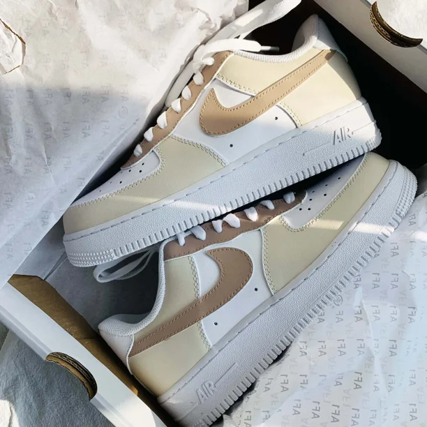 Air Force 1 Custom White Shoes Creamy Beige & Tan Natural Soft Brown Mens Womens