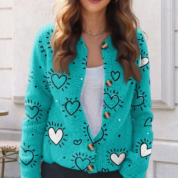 Women's Cardigan Valentine's Day Cute Love Heart Graphic Knit Lightweight Crewneck Button Sweater Valentines Day Sweater