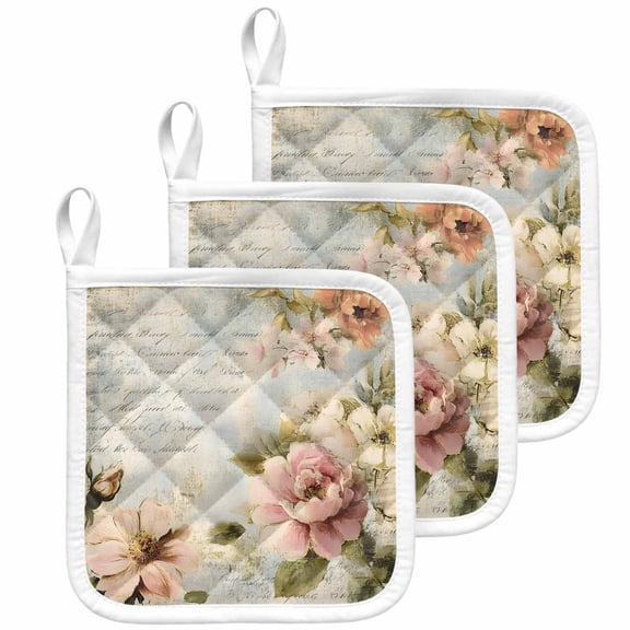 Farmhouse Pink Floral Pot Holders for Kitchen Heatproof Potholder, 3 Pack Spring Vintage Botanical Flowers Hot Pads Multipurpose Oven Pads Cloth Potholders Trivet for Cooking Baking