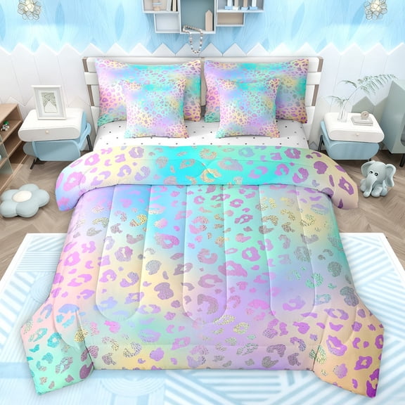 Castle Fairy Cheetah Leopard Print Twin Bedding Sets 7-Piece for Girls Female Women,Abstract Gradient Glitter Bedding Comforter Set Microfiber,Dreamy Princess Breathable Sheet Sets