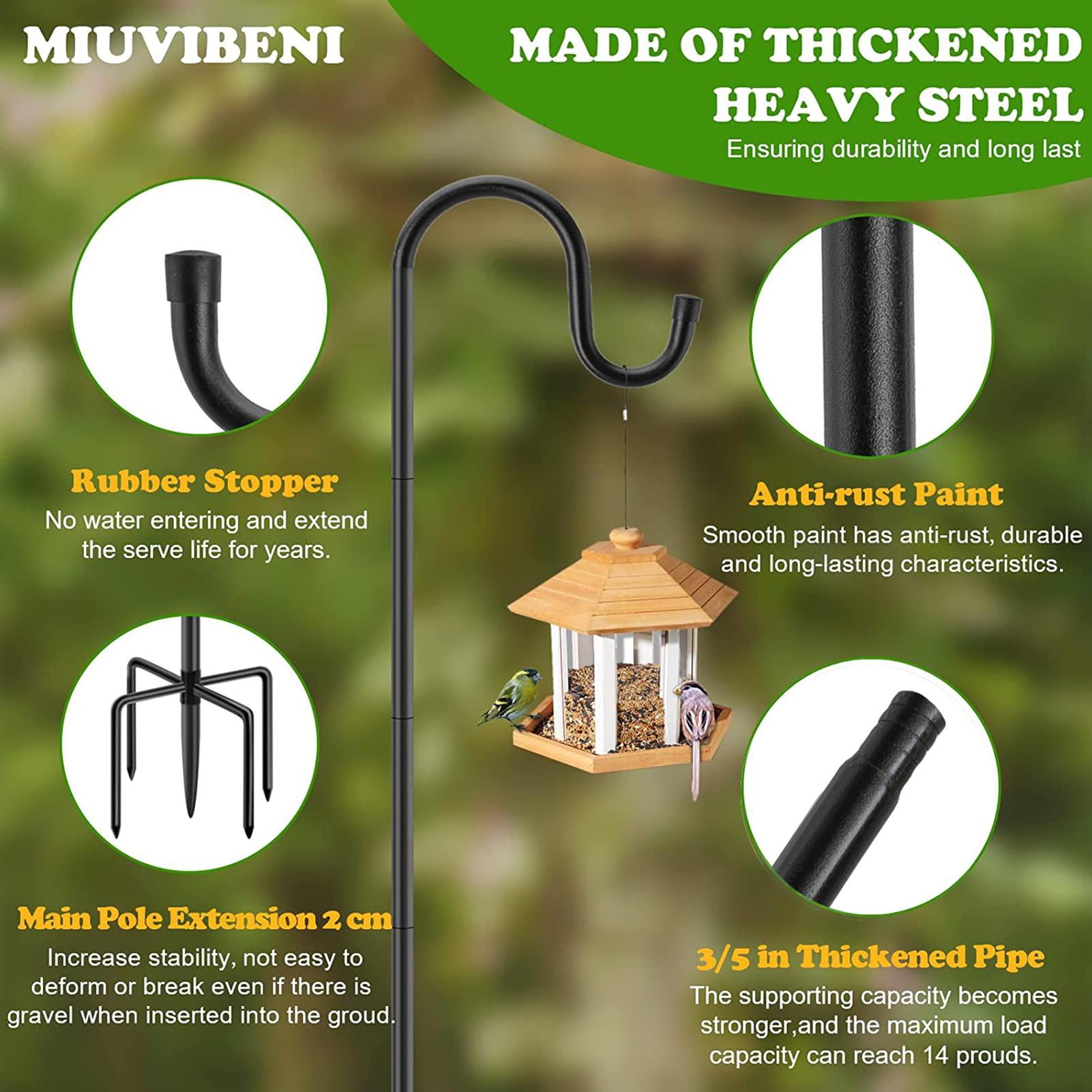 Double Shepherds Hooks For Outdoor, Bird Feeder Pole Shepherds Hook, Heavy Duty Iron Adjustable Hook Outside With 5 Prongs Base For Outside