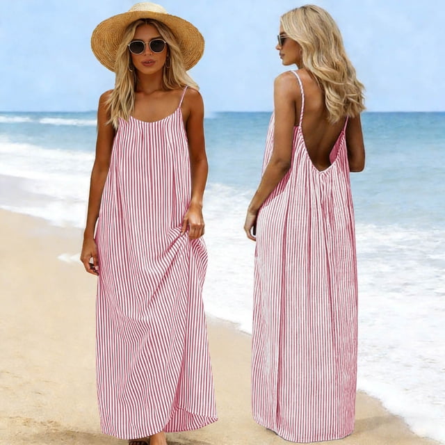 LVHAOGJOB Robe Tendance pour Femmes Sans Manches à Bretelles Spaghetti Robe d'Été Maxi Longue Imprimée Grande Taille Robe Soleil pour Dames Vacances